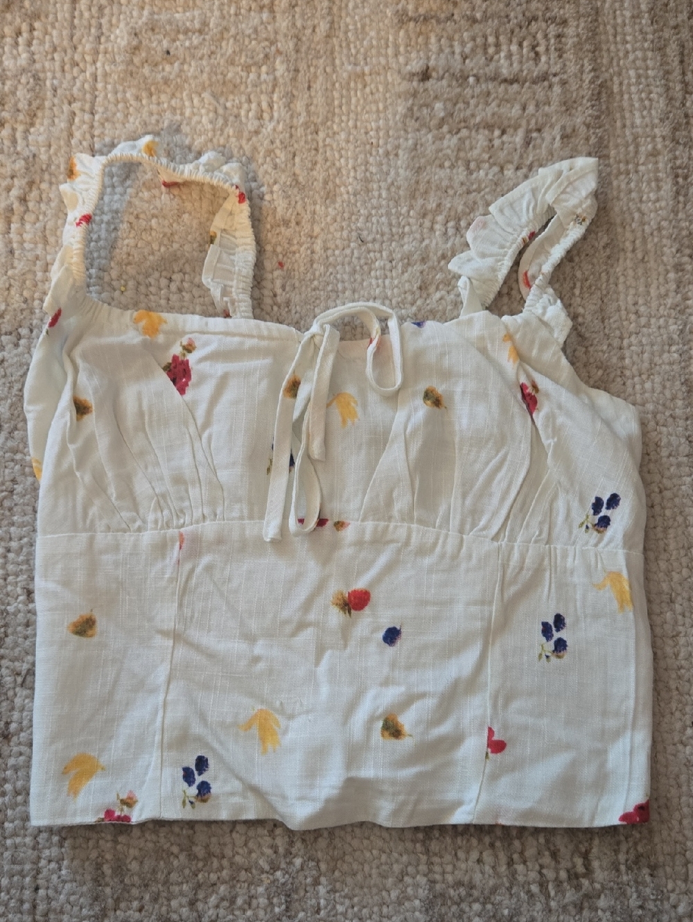 White Floral Ruffled Strap Crop Top with Tie Front